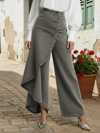 Buttoned Layered Pockets Solid Color Split-Joint High Waisted Irregularity Jean Pants Bottoms