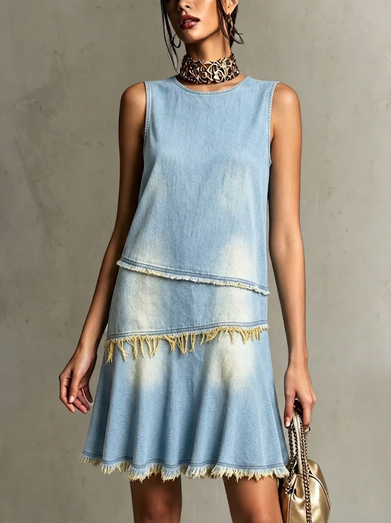 Retro Casual Sleeveless Frayed Denim Dress