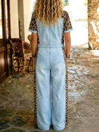 Women's Short-sleeve Wide-leg Denim Jumpsuit With Shirt Collar And Leopard Print Paneling