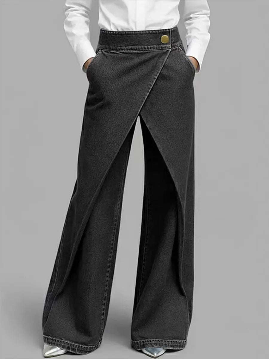 Asymmetric Buttoned Interlace Pockets Solid Color Split-Joint High Waisted Loose Trousers Jean Pants Bottoms