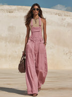 Resort-style Pocket Solid Color Denim Overalls
