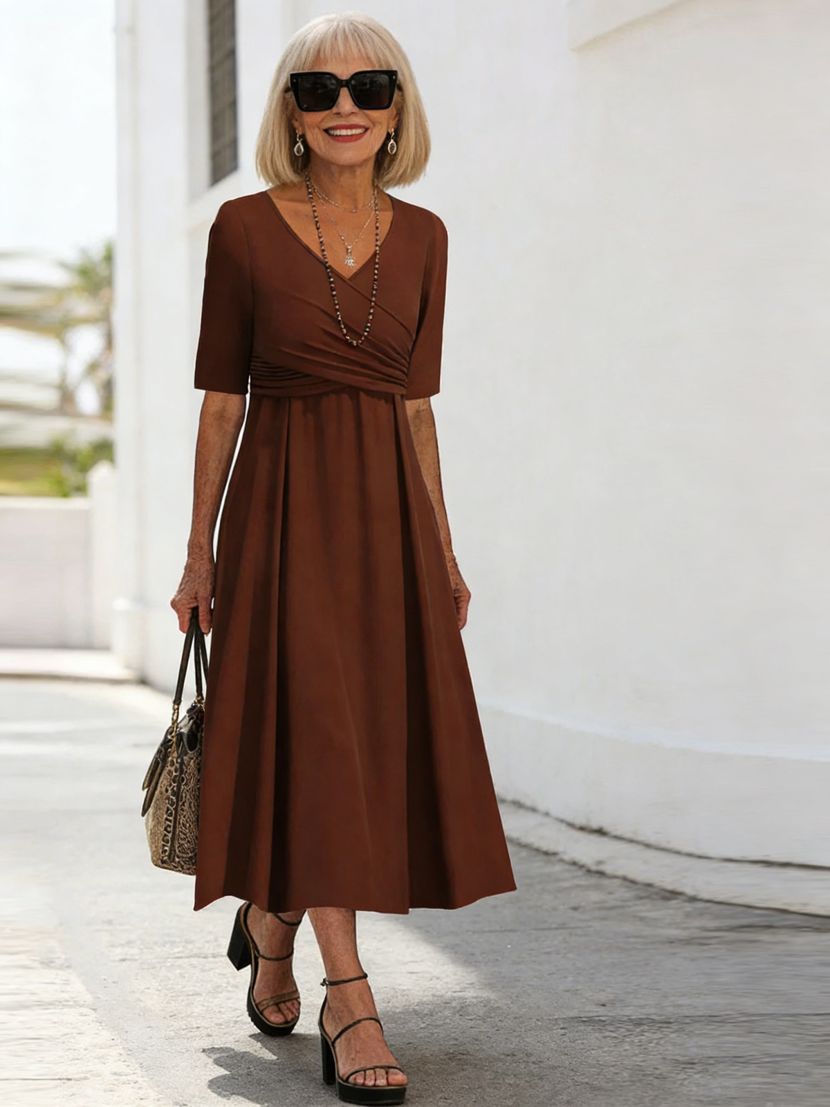 Fashion Solid Color Cross V-Neck Short Sleeve Personality Dress Women's Clothing