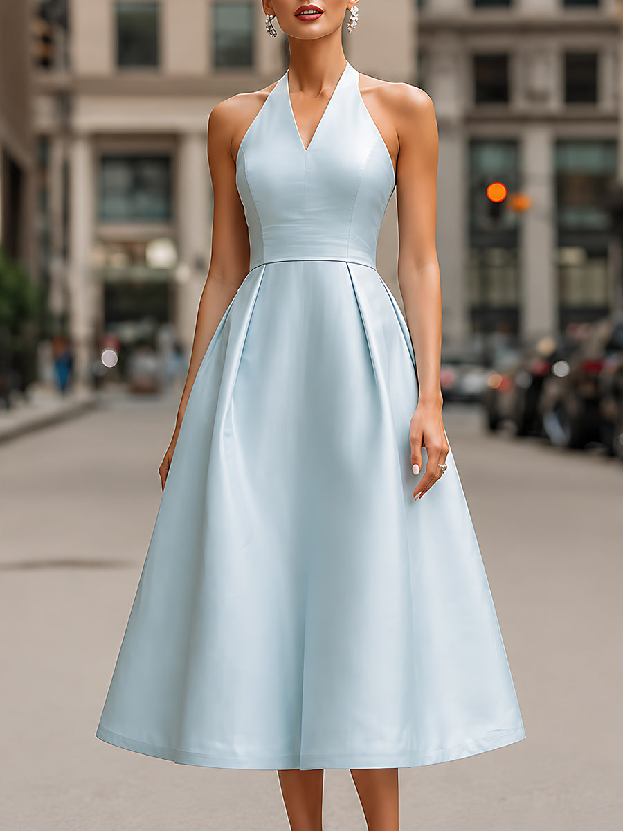Sky Blue Halter Neck A-Line Midi Dress