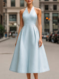 Sky Blue Halter Neck A-Line Midi Dress
