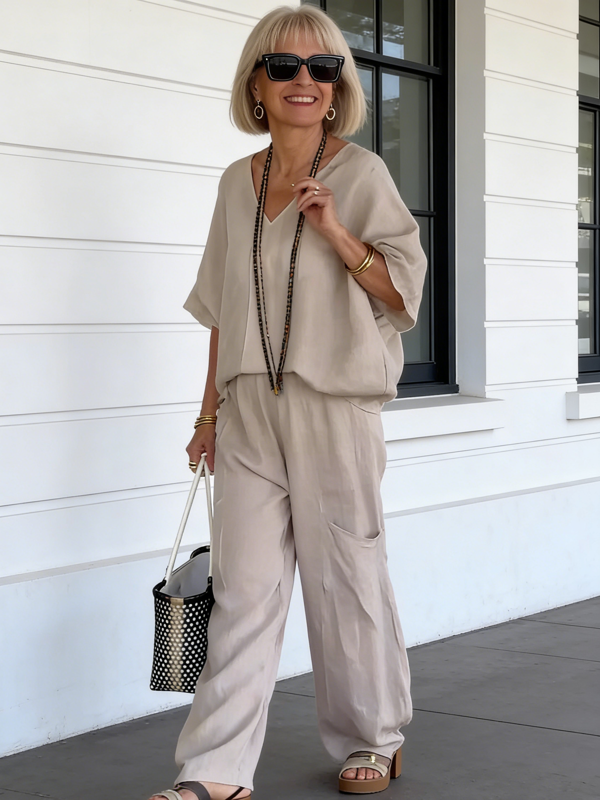2Pcs Casual V-neck Loose Pocket Medium Sleeve Cotton and Linen Set
