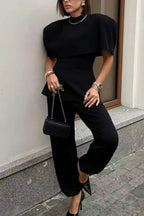 Womens Round Neck Splicing Top + Pants Solid Color Temperament Casual Suit