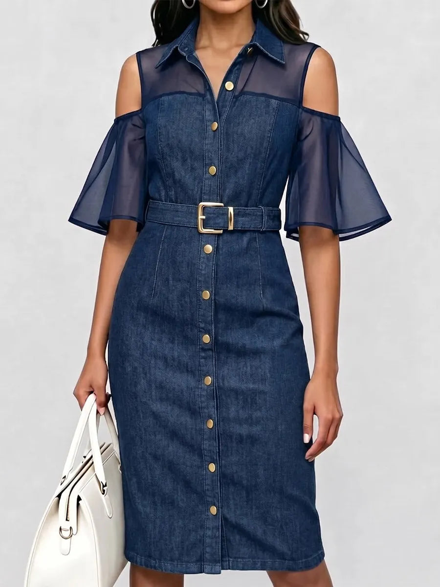 Women's Short-sleeve Casual Loose Denim-paneled Dress With Shirt Collar