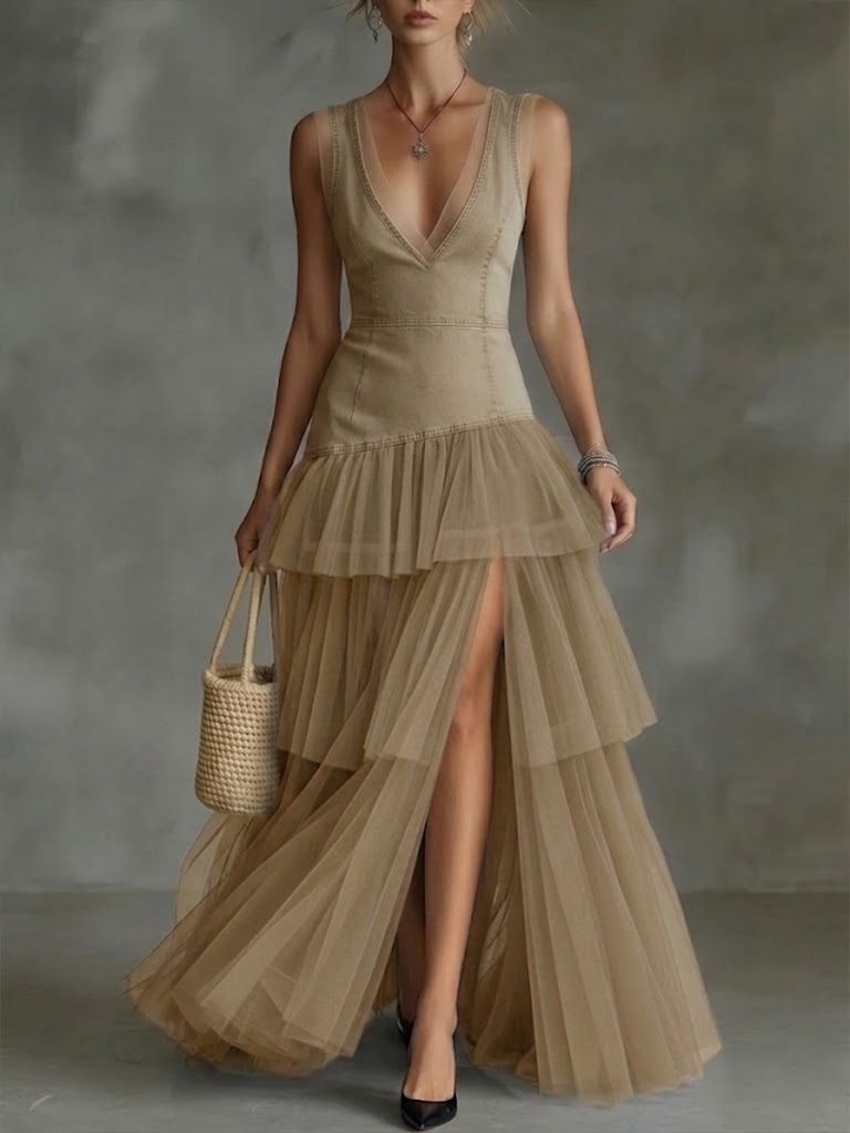 Stylish And Elegant Spliced mesh Denim Dress