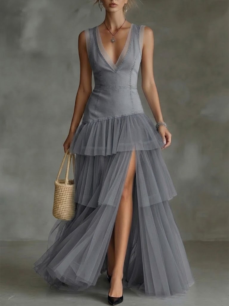 Stylish And Elegant Spliced mesh Denim Dress