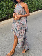 Women Neck Hanging Printed Patchwork Irregular Casual Dress