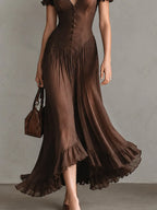 Elegant Tencel Puff-sleeve Maxi Dress With A Ruffled Hem