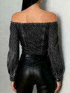 Buttoned Pleated Solid Color Split-Joint Irregularity Long Sleeves Off-The-Shoulder Blouses&Shirts Tops