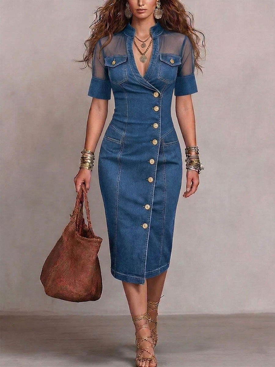 Edgy Mesh Yoke Denim Bodycon Dress with Button Front