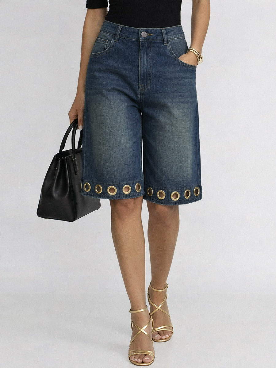 Women's High-waisted Casual Loose-fit Denim Wide-leg Shorts With Metal Cutout Design