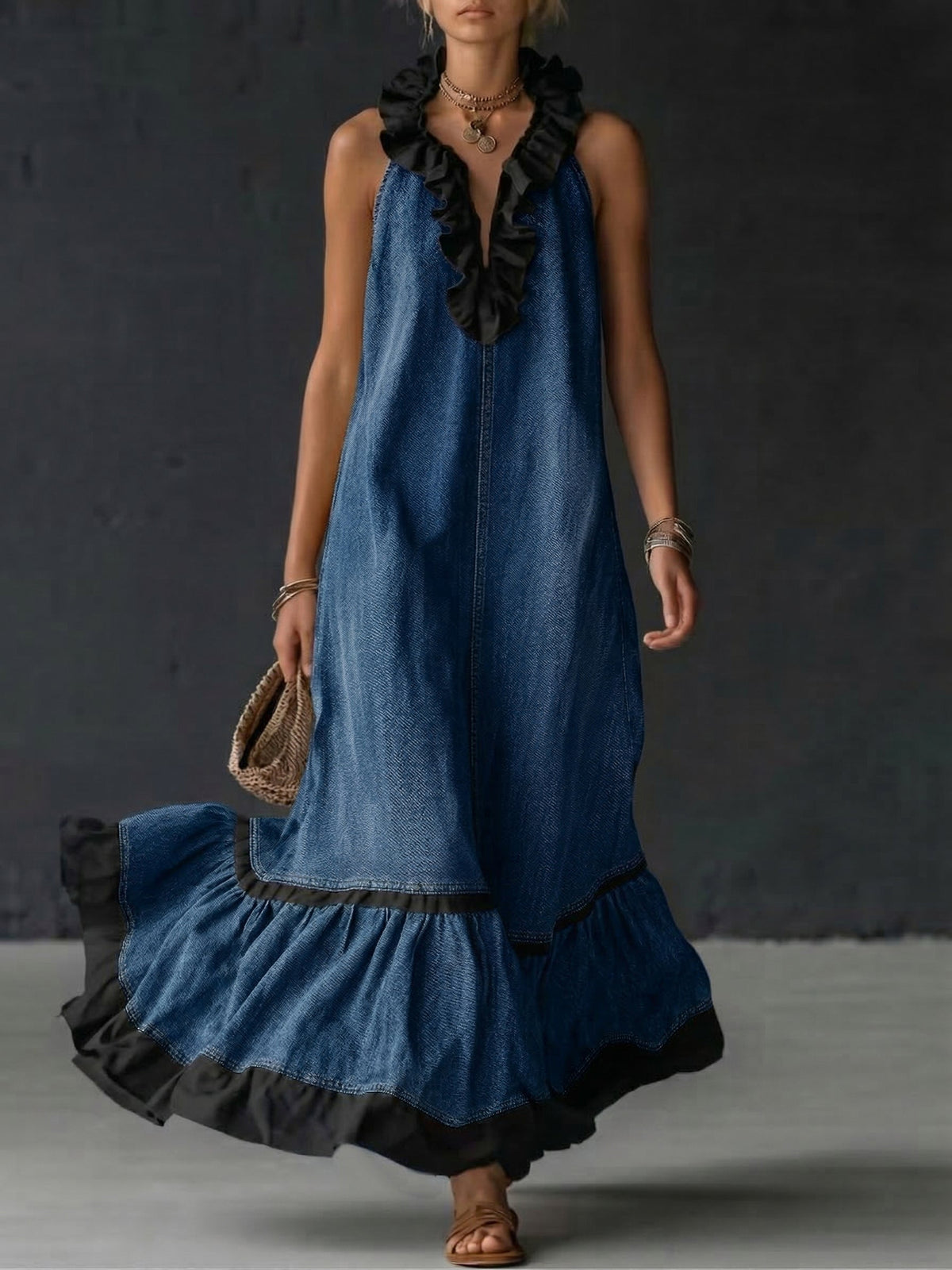 Elegant Color-block Ruffle Trim Denim Dress