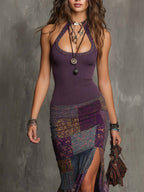 Retro Halter-Neck Knitted Floral Patchwork Midi Dress