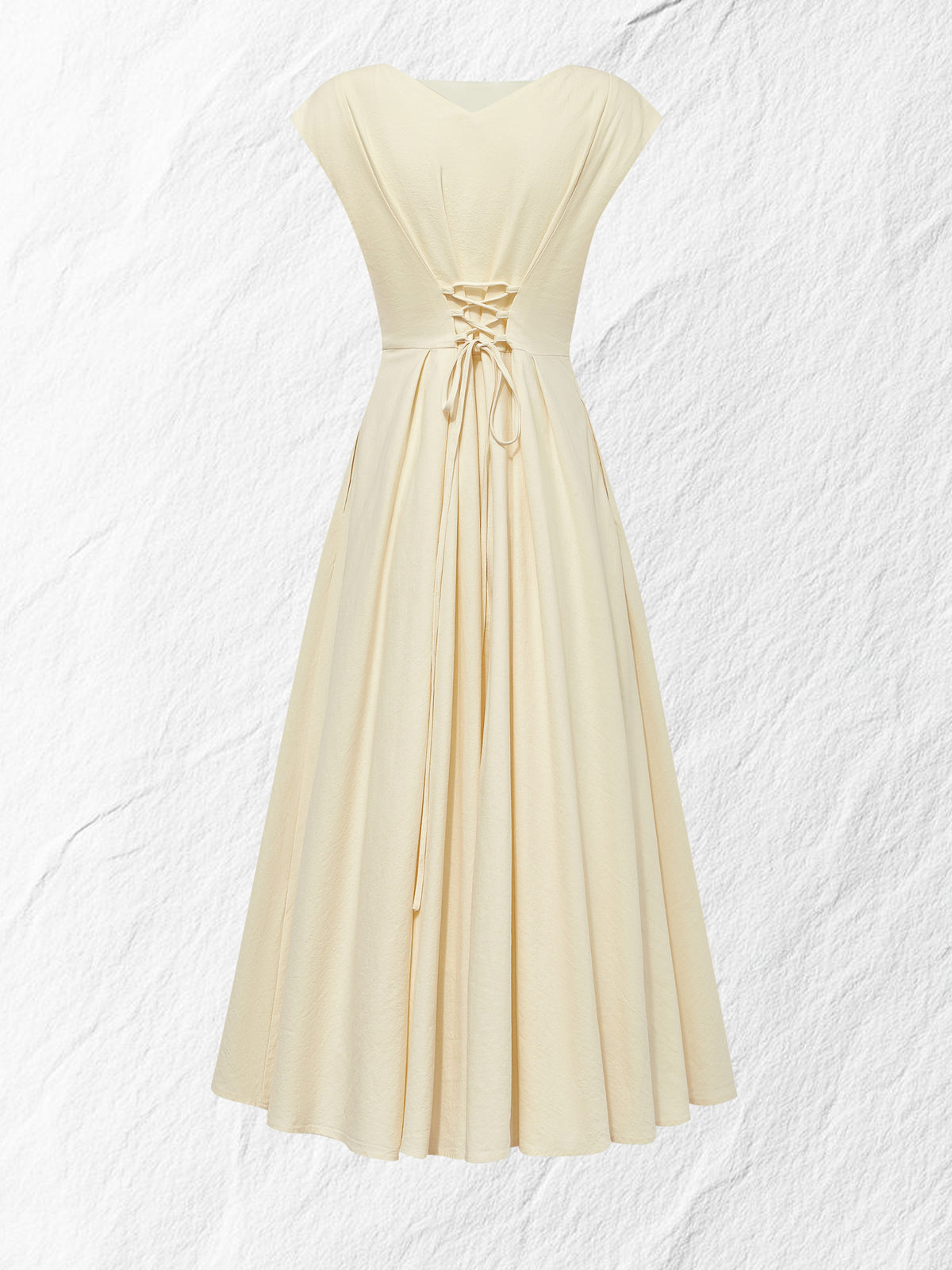 Linen Midi Dress, Cap Sleeve, Boat Neck, Plain, Vintage, Off White