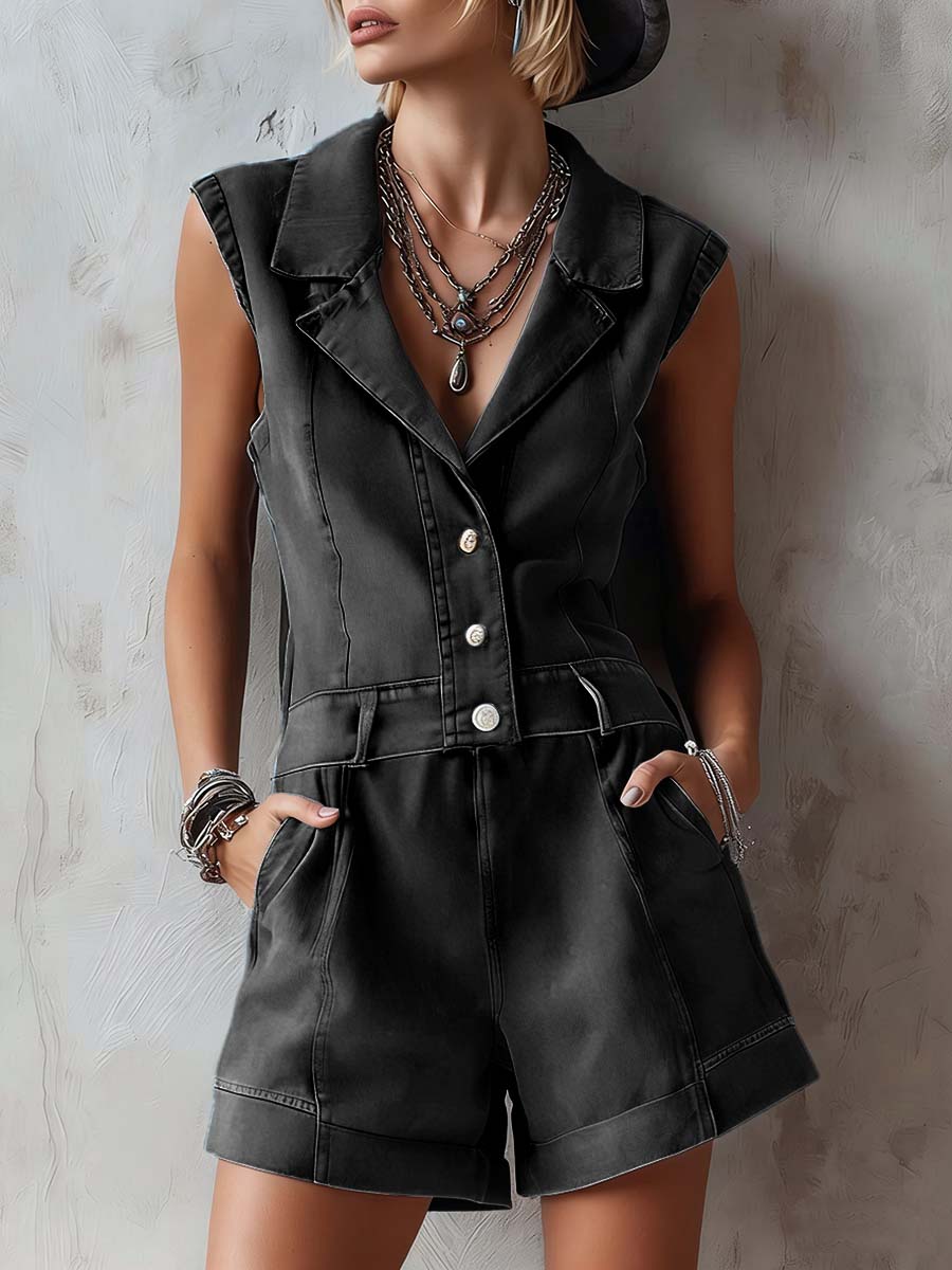 Women's Sleeveless Casual Loose Denim Jumpsuit With Lapel Collar