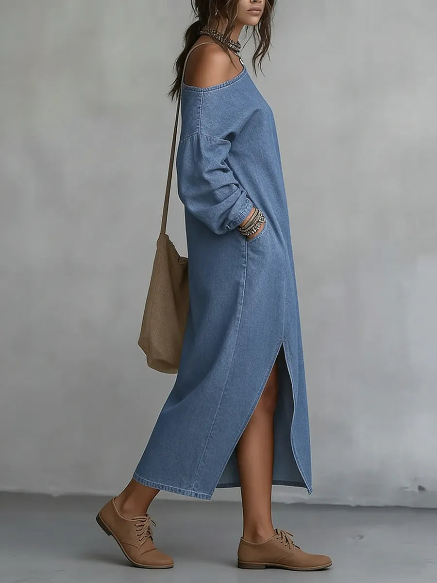 Pockets Solid Color Split-front H-line Long Sleeves One-shoulder Maxi Dresses
