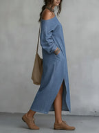Pockets Solid Color Split-front H-line Long Sleeves One-shoulder Maxi Dresses