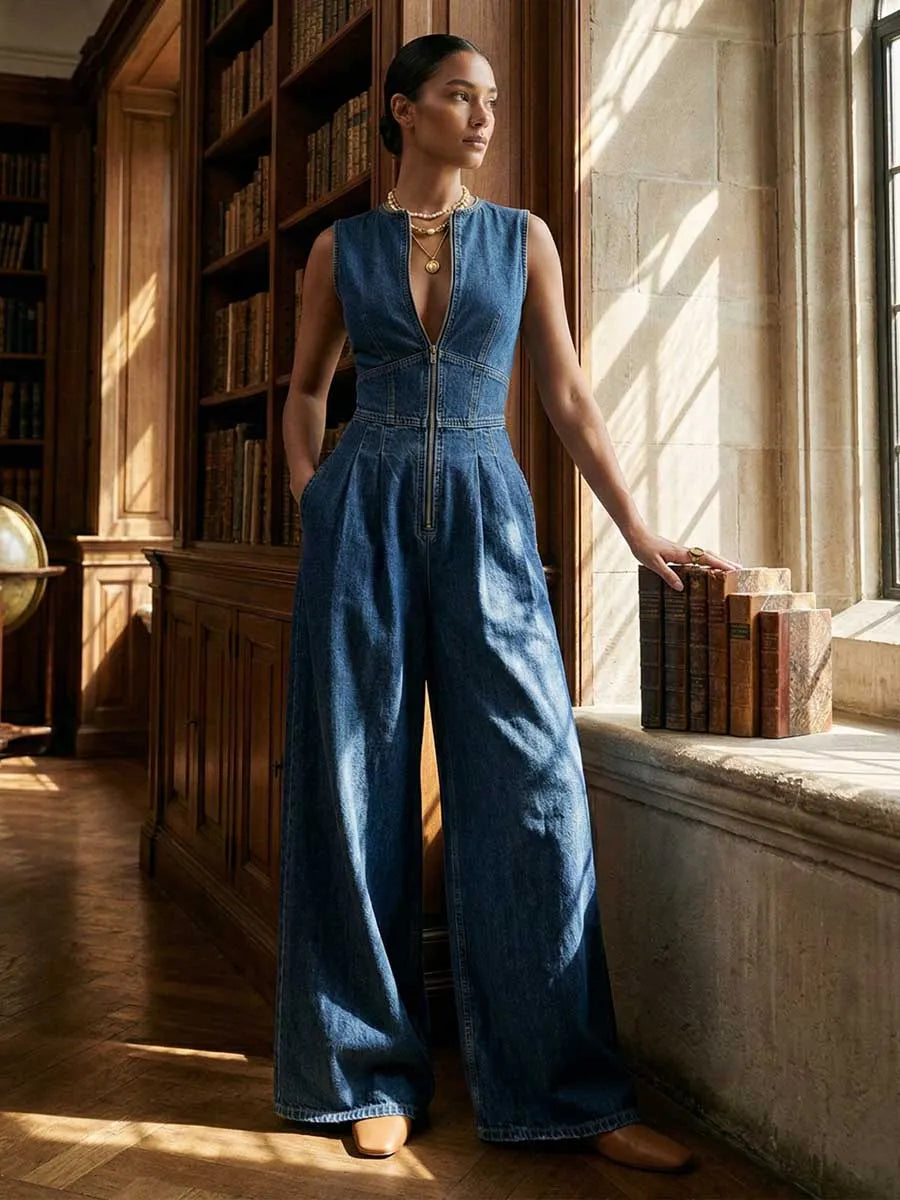Pleated Pockets Solid Color Zipper High Waisted Sleeveless Round-Neck Jumpsuits