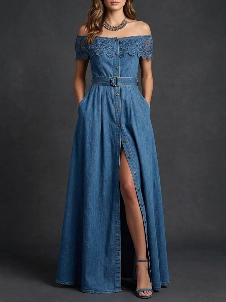 Women's Casual Off-Shoulder Denim Long Dress