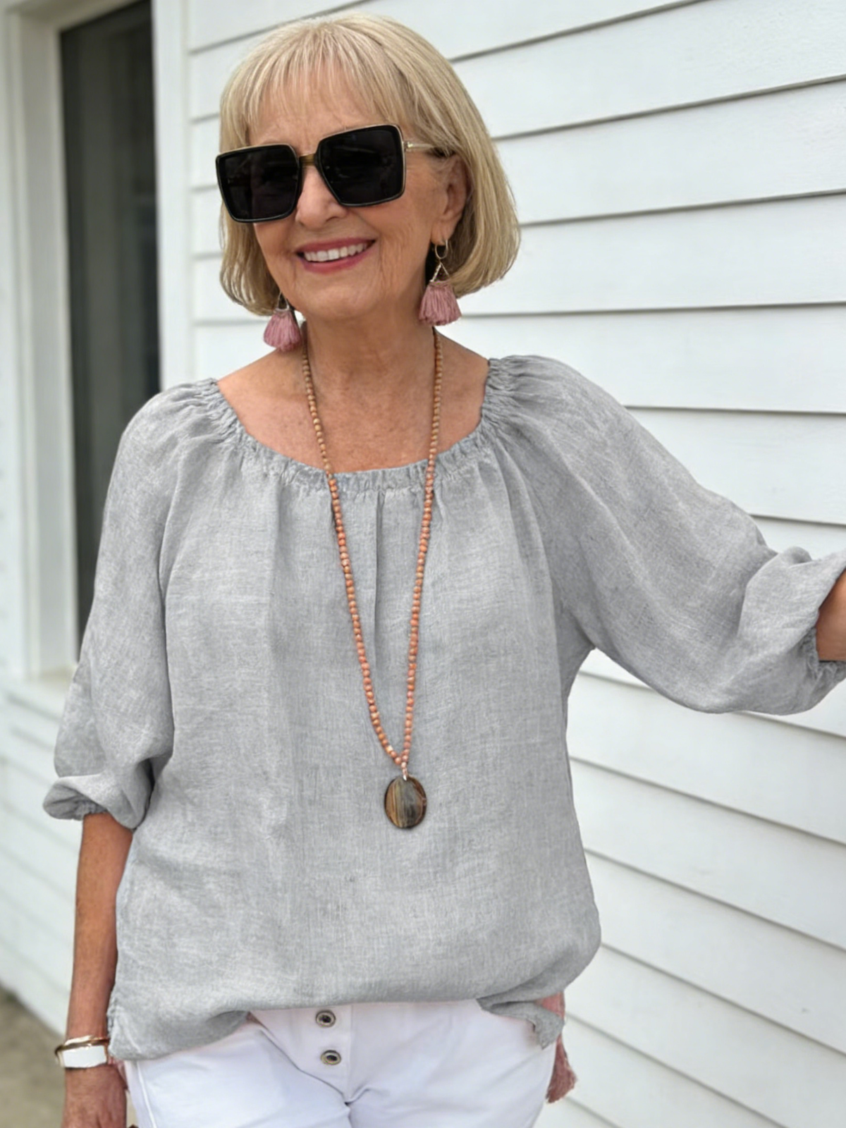 Solid Color Round Neck Medium Sleeve Pullover Cotton and Linen Casual Top