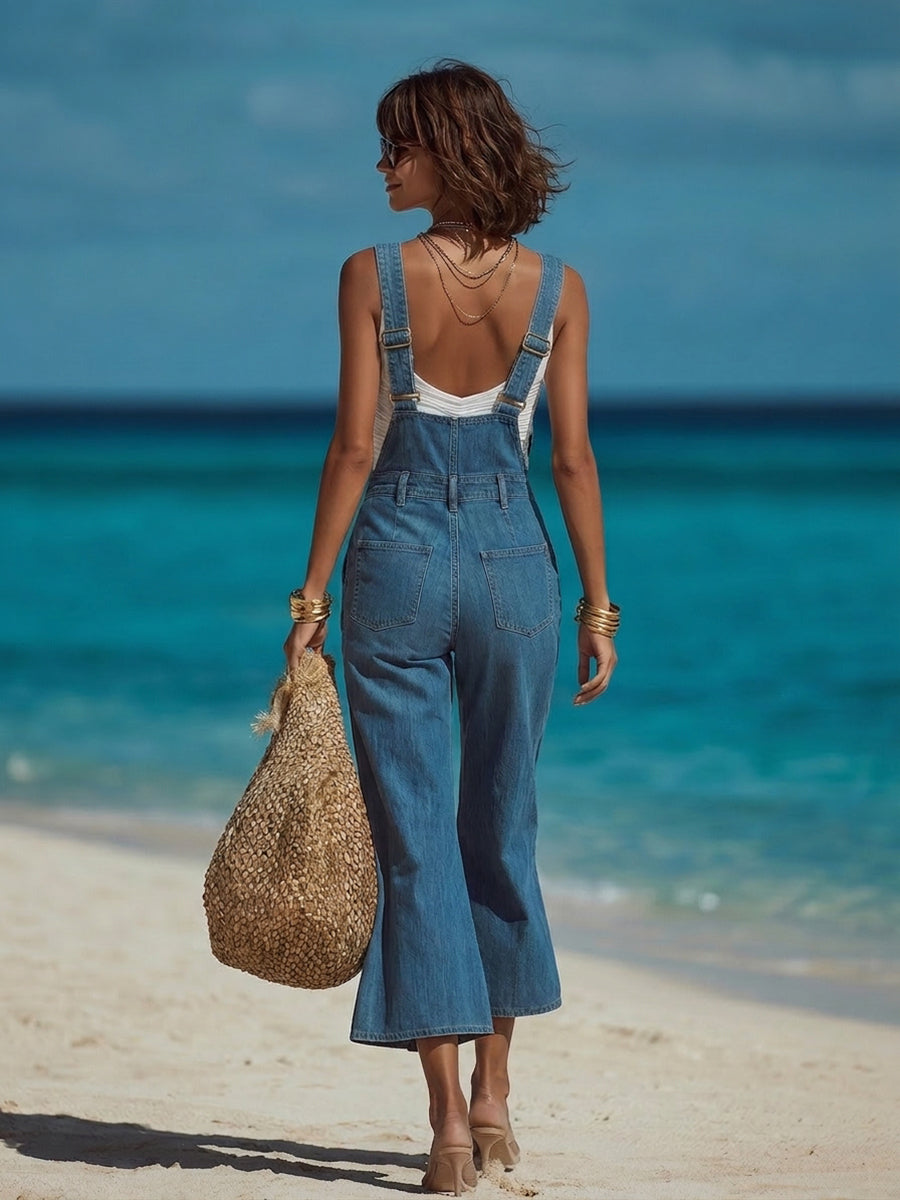 Chic Vacation-Style Blue Denim Flared Cropped Overalls