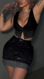 Womens Hot Rhinestone Sexy Casual Denim Suit