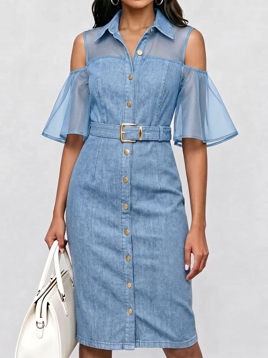Women's Short-sleeve Casual Loose Denim-paneled Dress With Shirt Collar