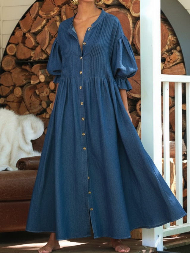 Retro V-neck pleated denim dress with puff sleeves