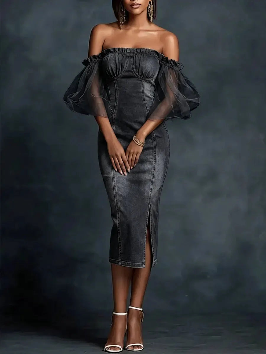 Women's Elegant Mesh Splice Off-shoulder Bodycon Denim Dress