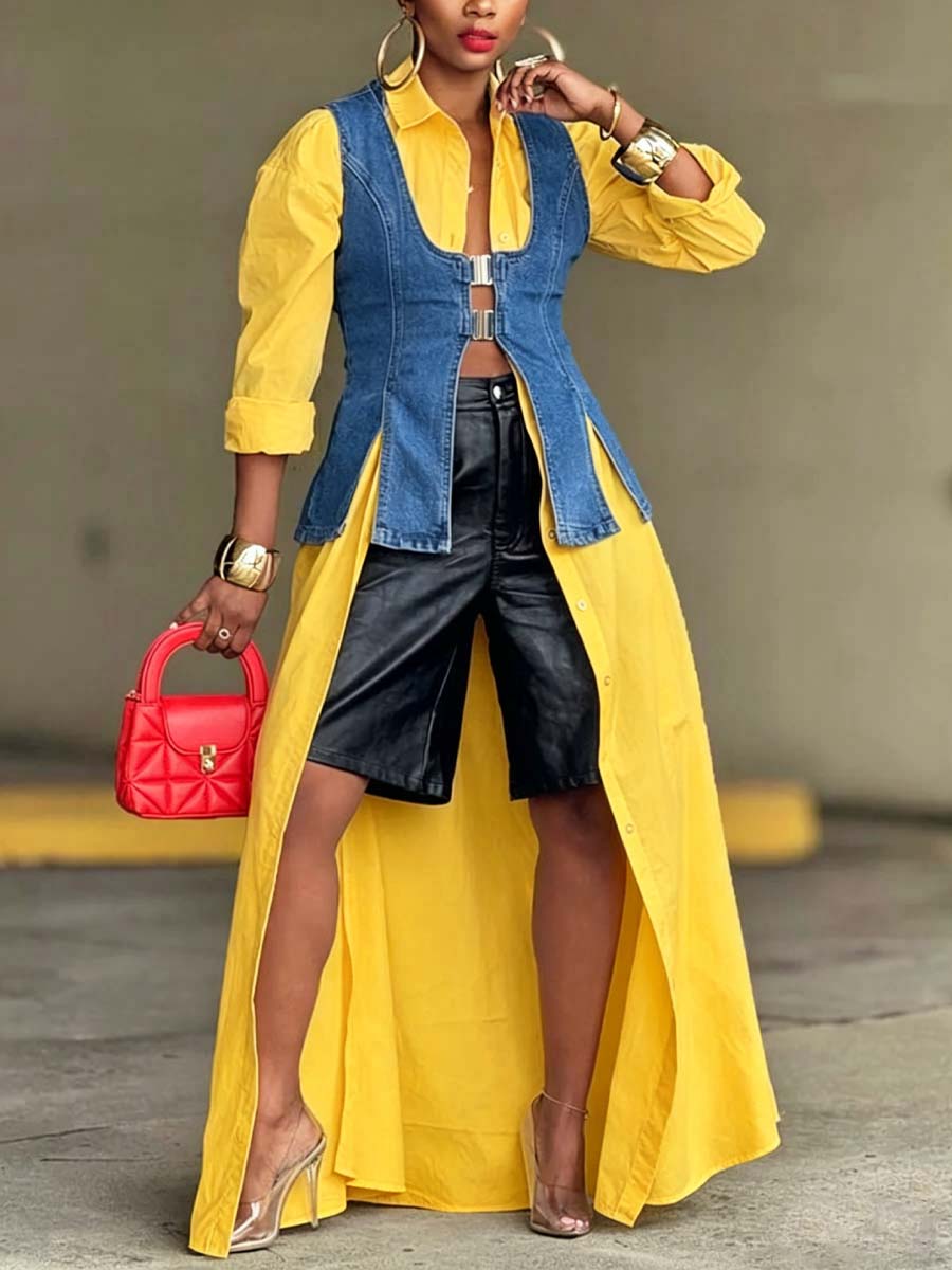 Women's Solid Color Art Casual Stylish Denim Cotton Patchwork Long Shirt