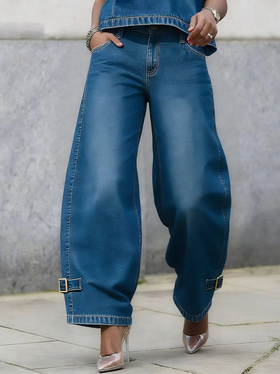 Buckle Pockets Solid Color High Waisted Wide Leg Jean Pants Bottoms