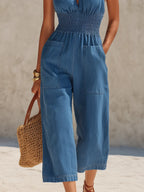 Stylish Halter-Neck Sleeveless Denim Cropped Jumpsuit