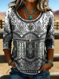 Women's Vintage Print Casual Hollow Denim Shirt