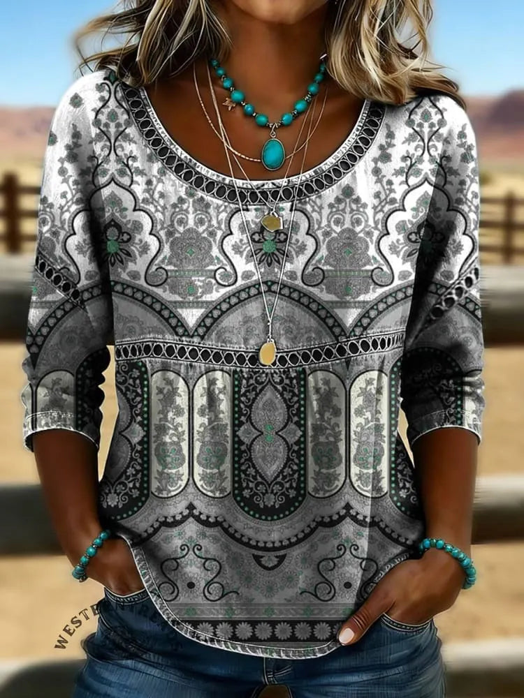 Women's Vintage Print Casual Hollow Denim Shirt