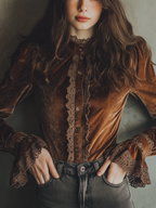 Vintage Lace Cuffs Poly Velvet Blouse