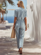 Casual Coastal Light Blue Denim Loose Collared Short-Sleeved Multi-Pocket Drawstring Jumpsuit