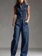 Buttoned Pockets Solid Color Split-Joint Loose Plus Size Stand Collar Jumpsuits