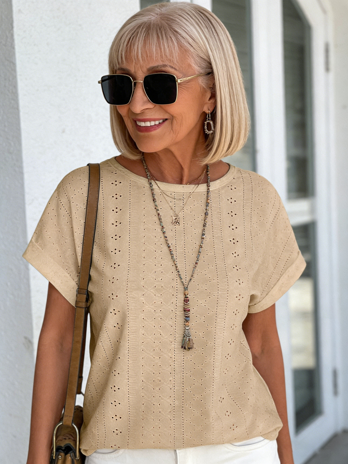 Textured Fabric Solid Color Crew Neck Loose Short Sleeve T-Shirt Top Women