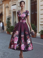 Floral A-Line Midi Dress With Fitted Bodice