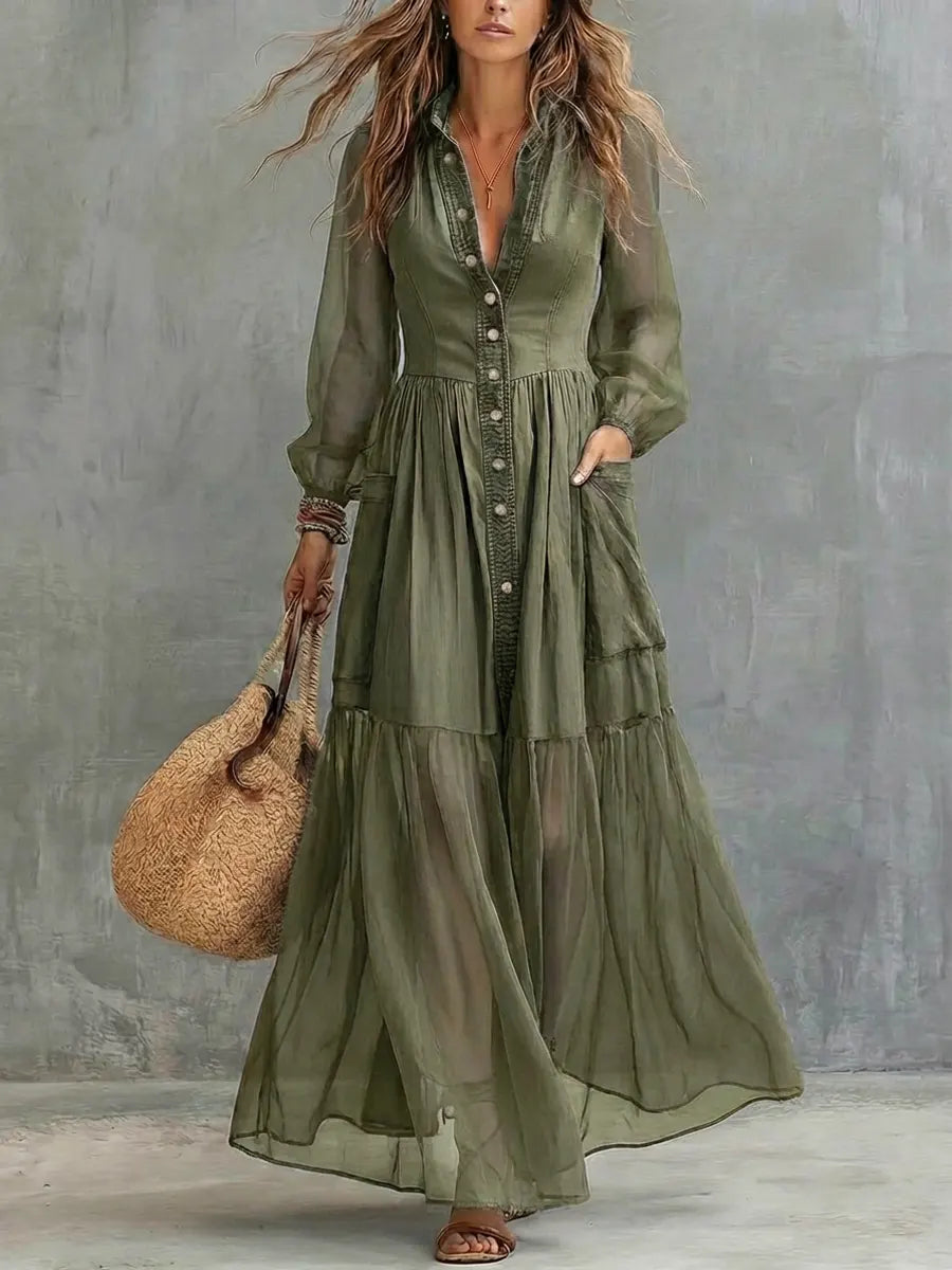 Women's Retro Lapel Denim Organza Patchwork Art Casual Maxi Dress