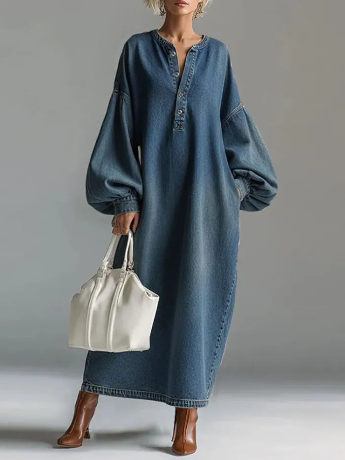 ✨Vintage V-Neck Lantern Sleeve Denim Dress✨