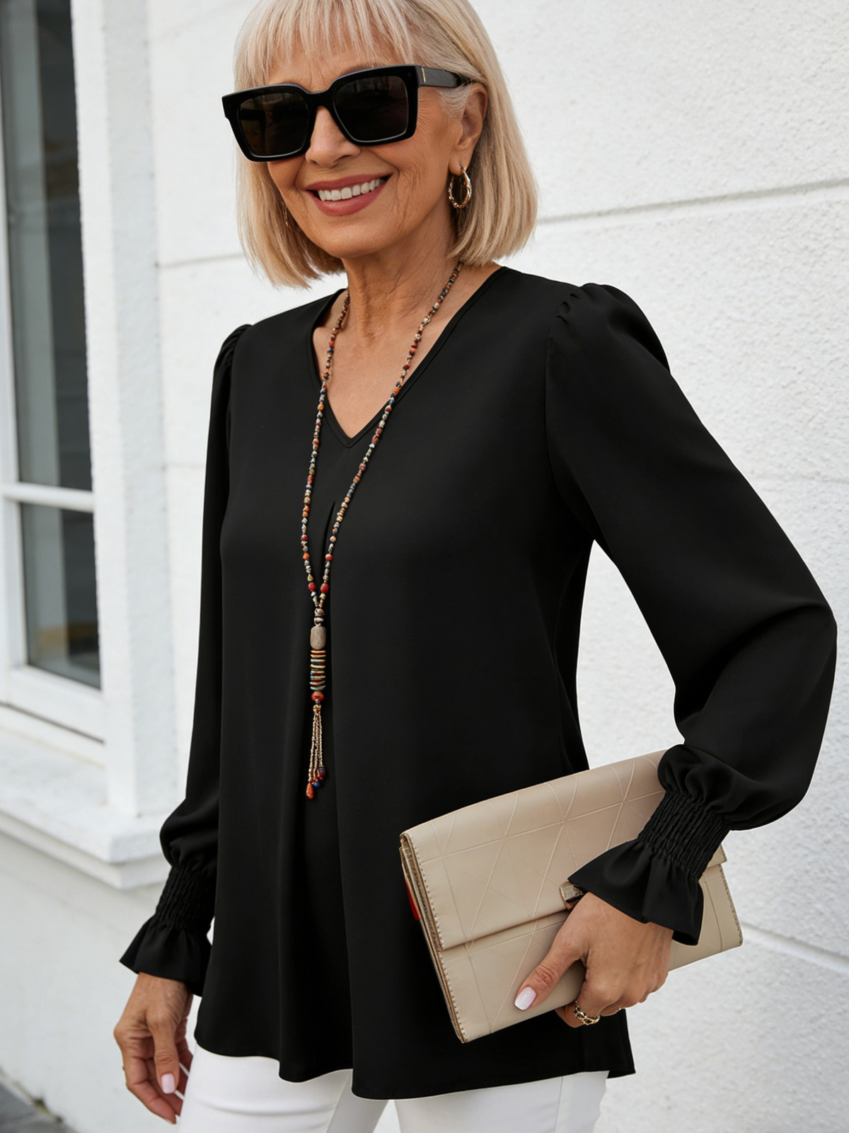 Solid Color Chiffon Shirt V-neck Pullover Horn Long-sleeved Top Shirt