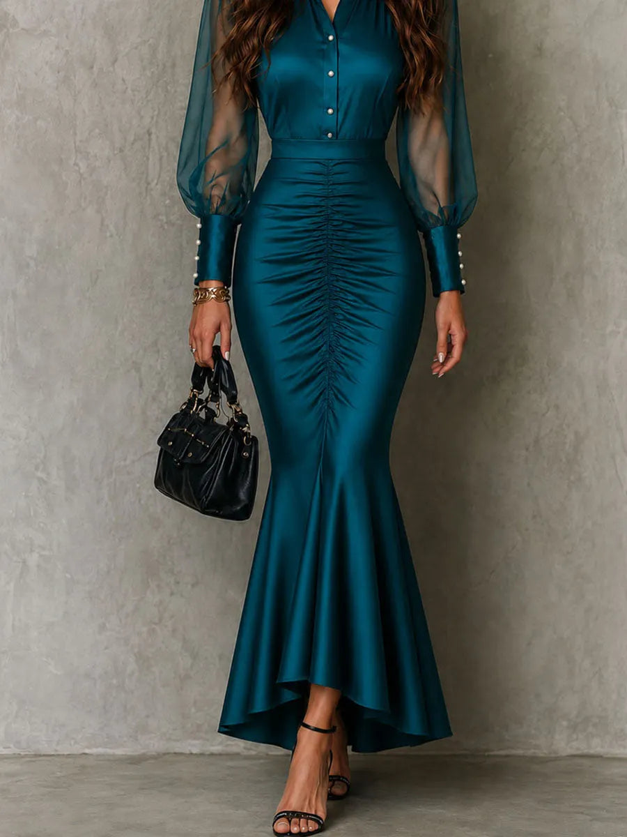 Retro Elegant  Sheer Puff Sleeves Teal Satin Ruched Mermaid Maxi Dress