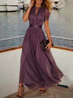 Purple Keyhole Neckline Chiffon Lace Trim Maxi Dress