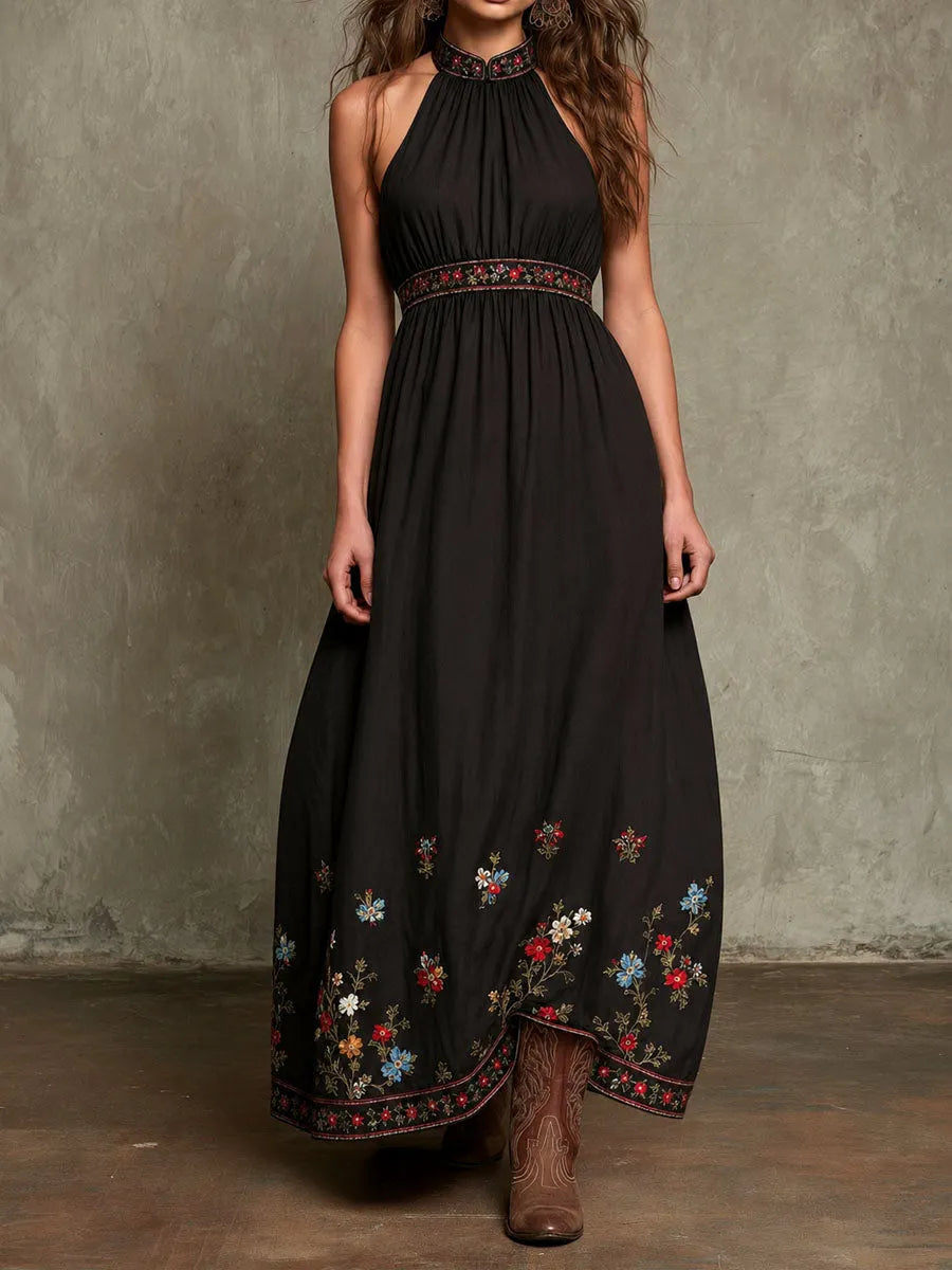 Boho Western Black Floral Embroidered Halter Maxi Dress
