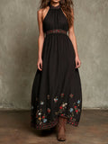 Boho Western Black Floral Embroidered Halter Maxi Dress