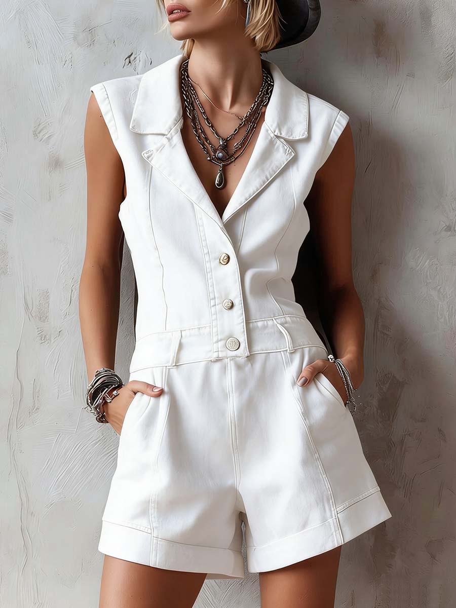 Women's Sleeveless Casual Loose Denim Jumpsuit With Lapel Collar
